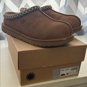 UGG Tan Suede Slip-Ons with Patterned Trim